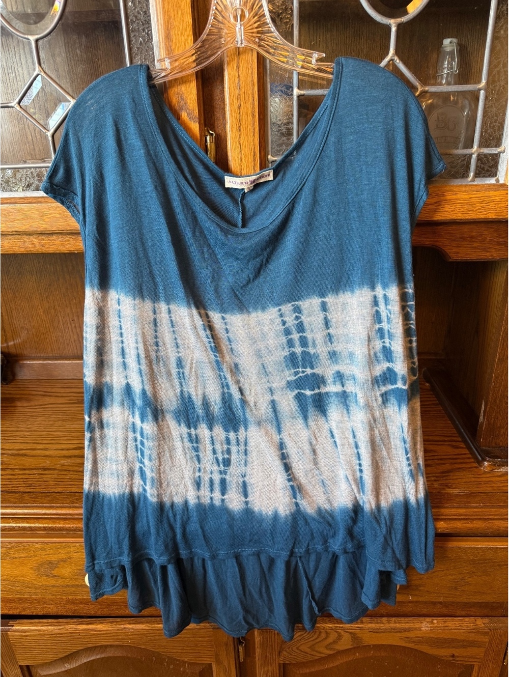 Altar'd State L Blue Shibori Tie Dye Top Ruffle Hem Boho